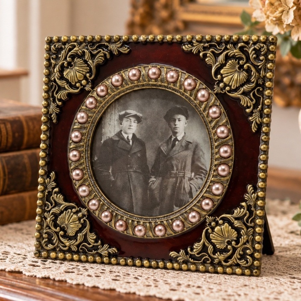 Vintage Ornate Jeweled Picture Frame Burgundy Enamel Faux Pearl Filigree Rococo